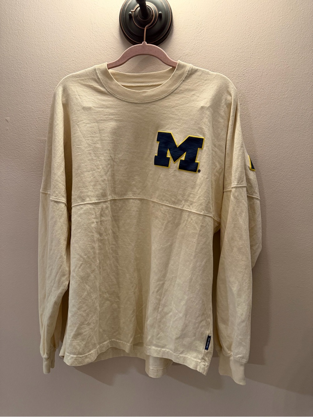 University of Michigan Spirit Jersey Long Sleeve Cream Navy Yellow SM oversized